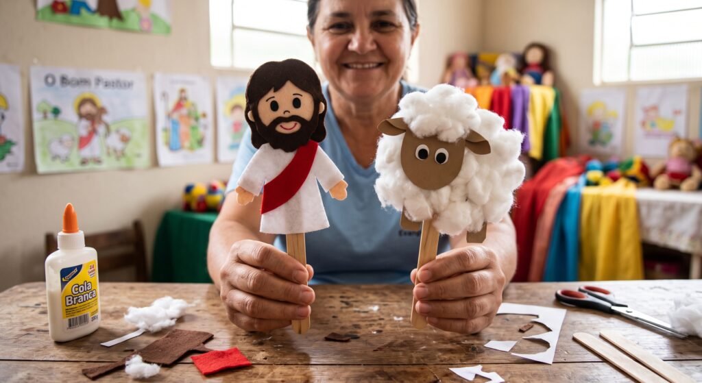 Evangelizador espírita com bonecos de baixo custo confeccionado para a evangelização espírita da infância.
