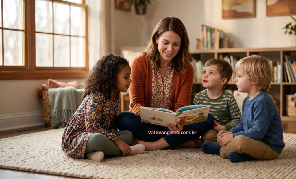 Evangelizadora contando Histórias espíritas para crianças usando um livro infantil.