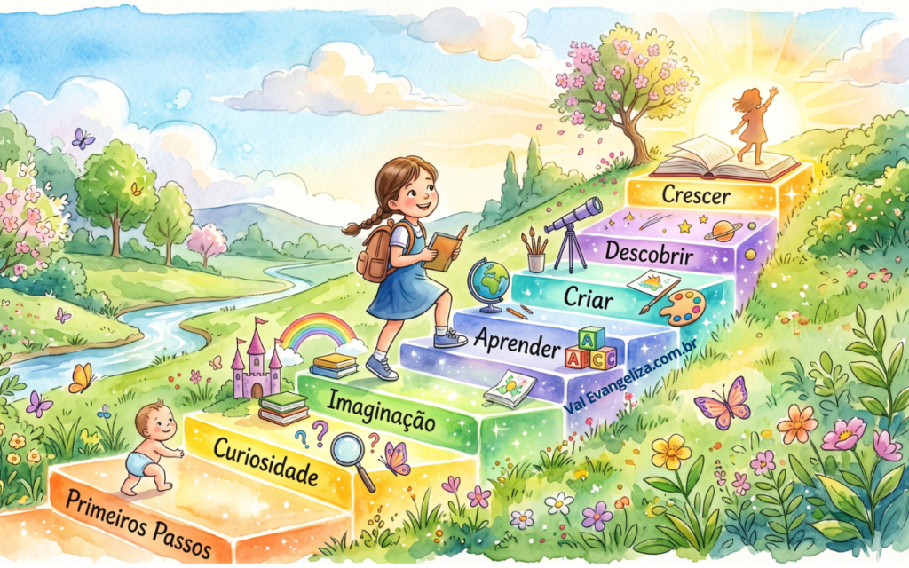 Escada com degraus evolutivos de reencarnação infantil ascendentes, onde cada degrau representa uma etapa de aprendizado.