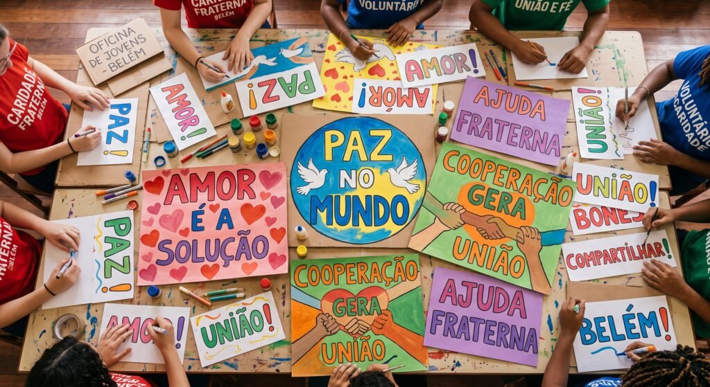 mesa com cartazes coloridos feitos à mão pelos jovens na evangelização espírita