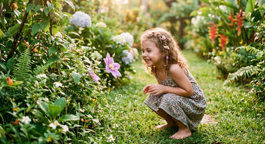 Criança sorridente no jardim da evangelização infantil, observando uma flor desabrochar sob a luz suave da manhã, transmitindo a sensação de paz e renovação constante.