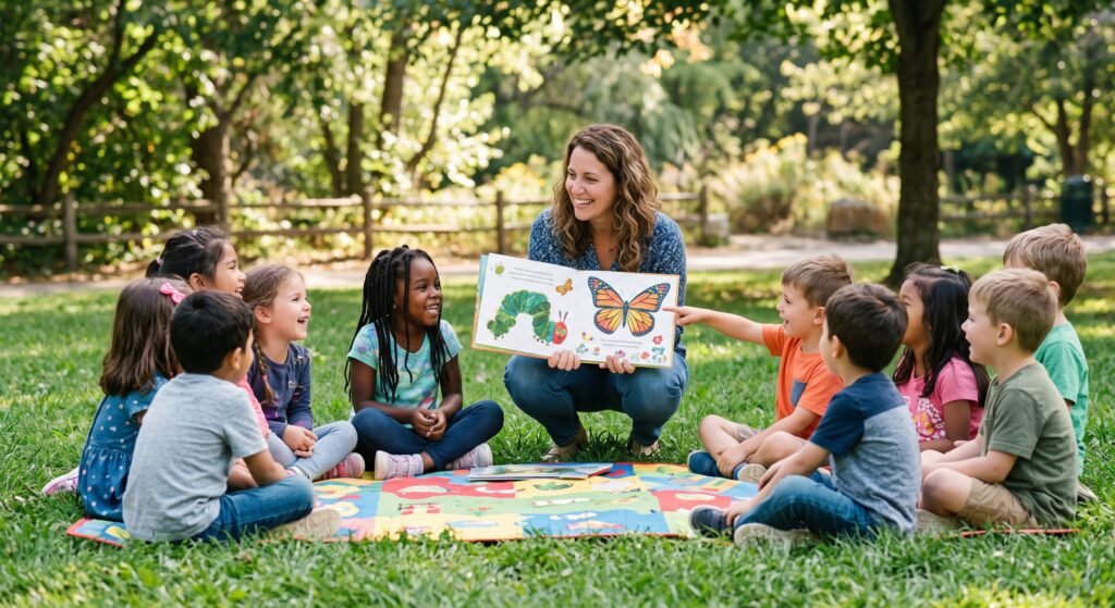 Explicando a Reencarnação infantil: evangelizadora sorridente mostrando um livro ilustrado com desenhos de uma lagarta e uma borboleta para um grupo de crianças sentadas em círculo.