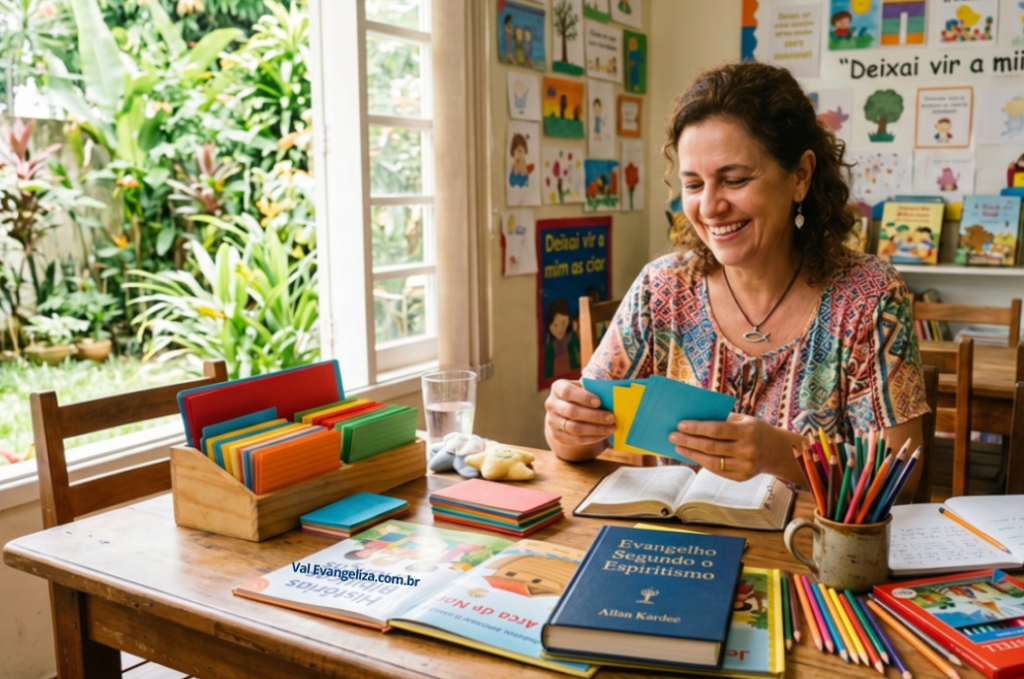 Evangelizadora fazendo o planejamento para a evangelização infantil.