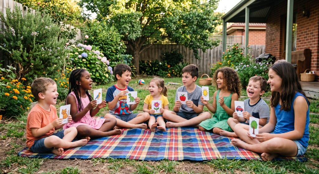 Evangelizando sentados em um círculo conversando alegremente com cartões ilustrativos sobre a natureza nas mãos.