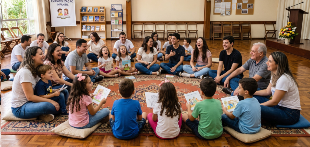 Grupo de pais, jovens e crianças sentados em círculo em um grande encontro de família no centro espírita.