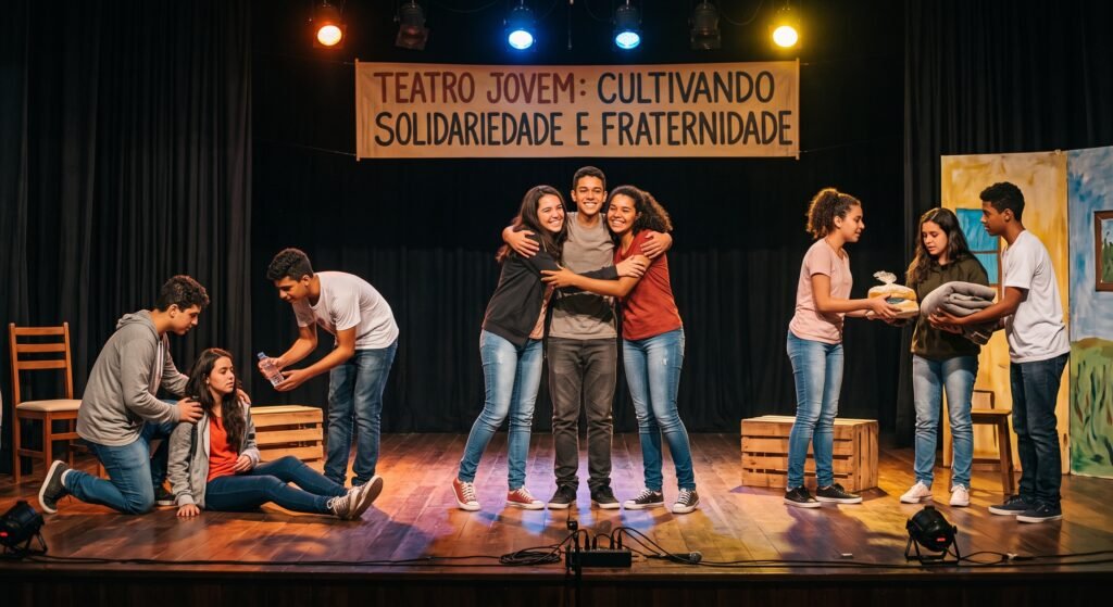Jovens espiritas fazendo a apresentação de esquetes teatrais que retratam a solidariedade e a fraternidade