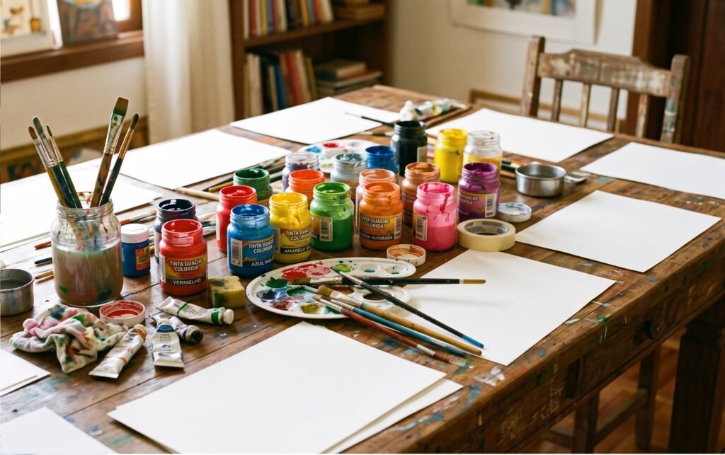 Sala de evangelização com uma mesa de madeira repleta de folhas de papel em branco, potes de tinta colorida e pincéis, onde os jovens fazem atividades lúdicas e artísticas