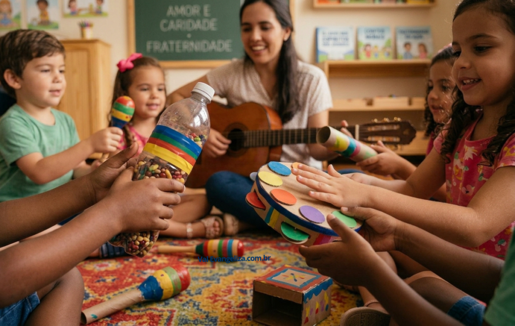 Crianças ouvindo música espírita na evangelização e tocando com seus instrumentos criados por eles.