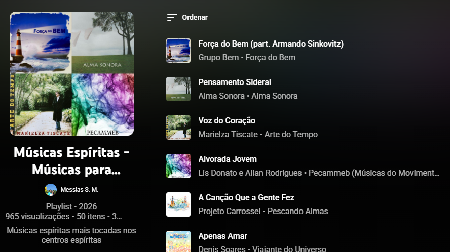 Imagem da playlist do YouTube criada com músicas espíritas.